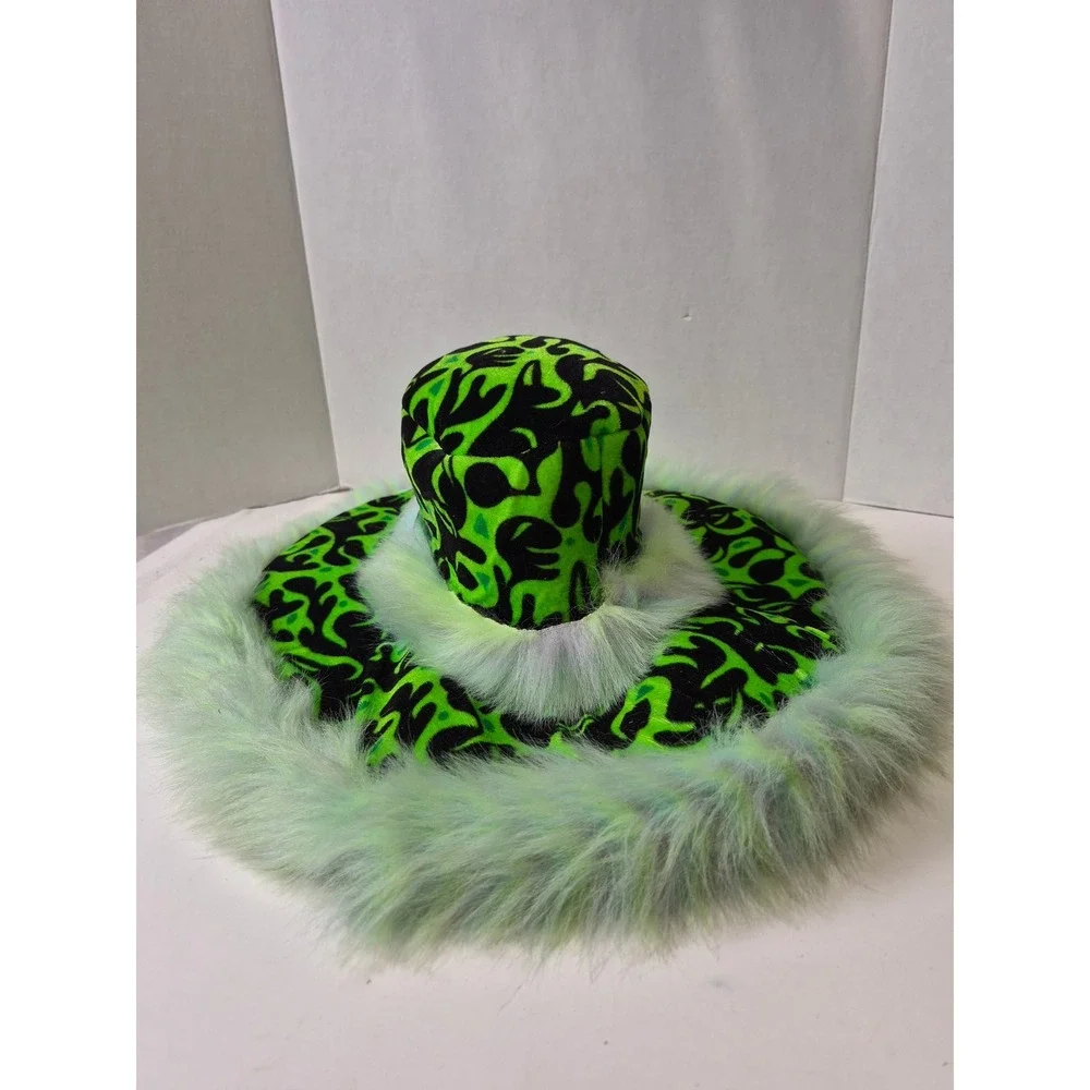 Neon Green Black Flame Print Wide Brim Hat Faux Fur Trim Festival Rave Halloween